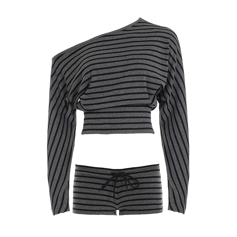 Womens Casual Striped Off-shoulder Long-sleeve Top And Shorts Set