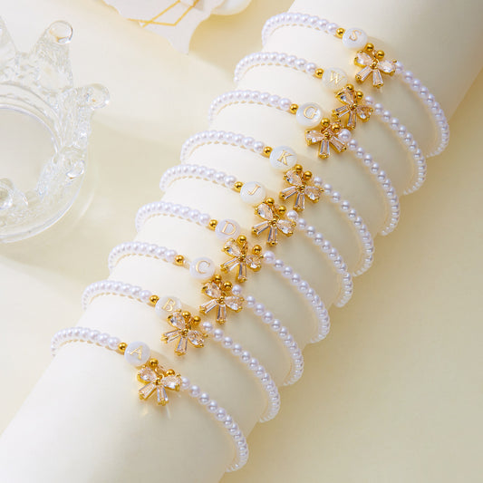 26-Letter Pearl Shell Alphabet Bowknot Beaded Bracelet