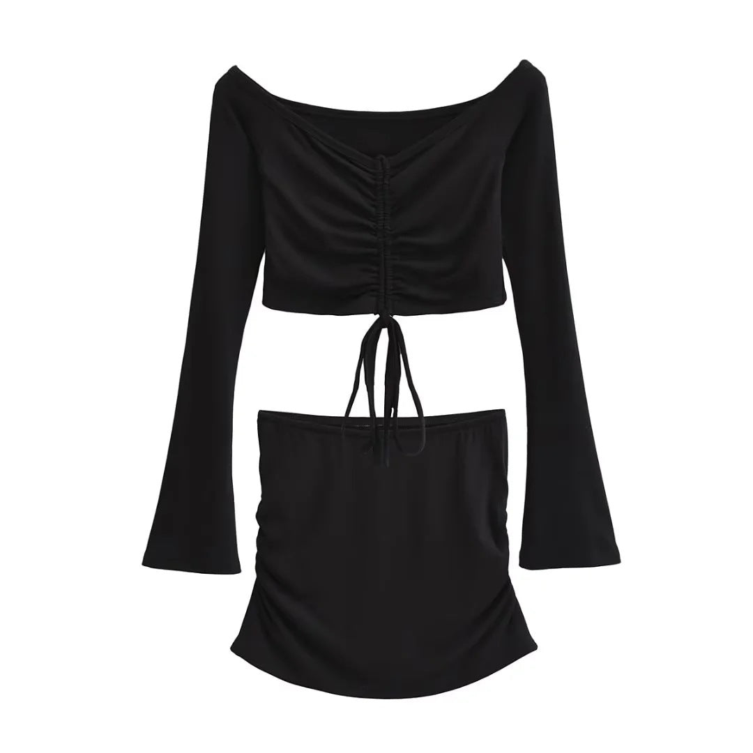 Solid-color Drawstring Pleated Wrap Skirt And Top Set For Women