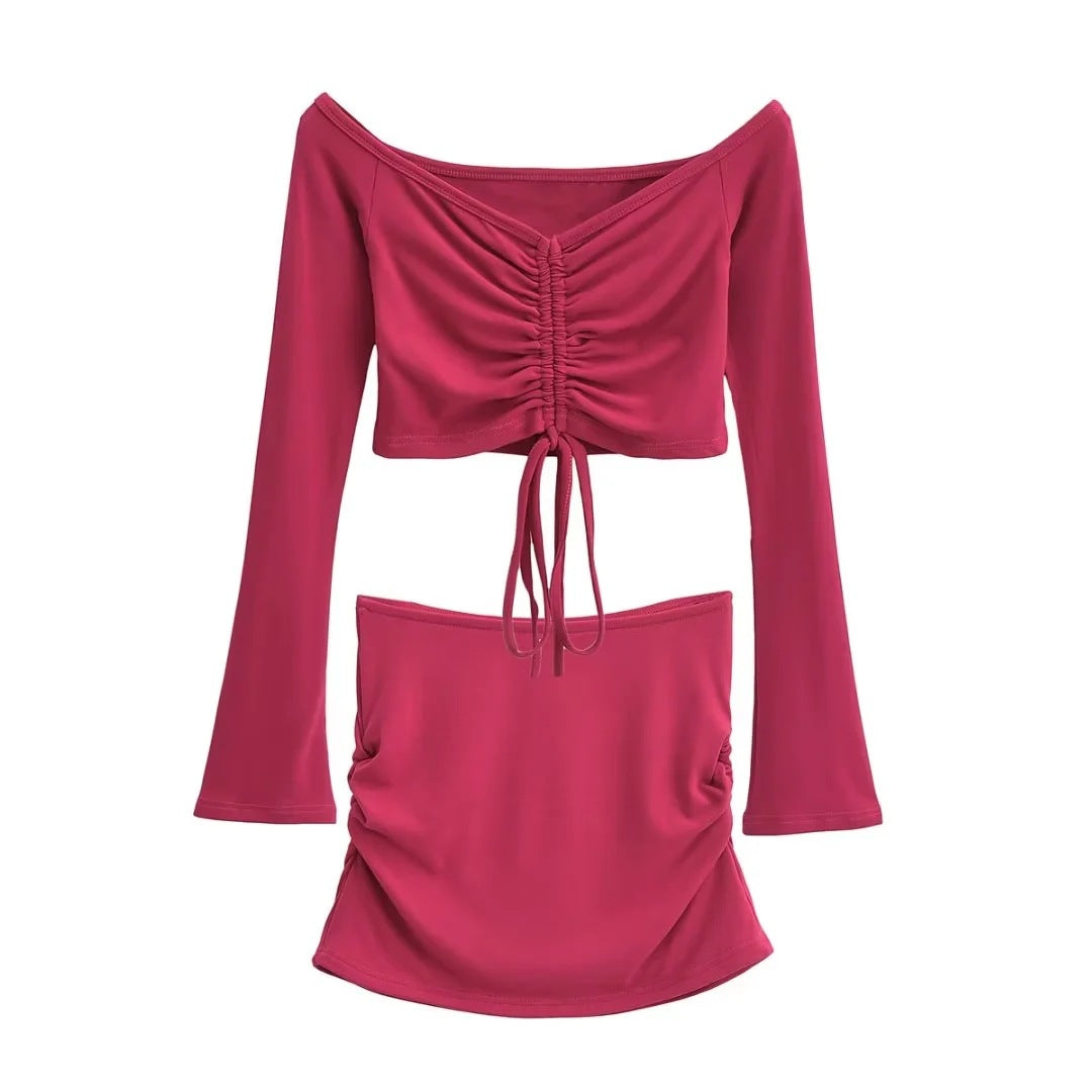 Solid-color Drawstring Pleated Wrap Skirt And Top Set For Women