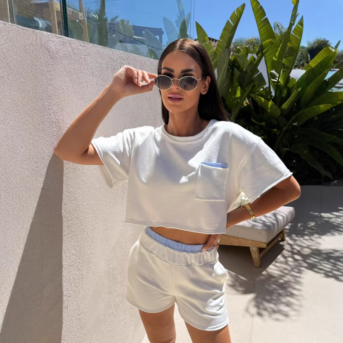 Womens Casual Color-Block Crew-Neck Short-Sleeve Shorts Set