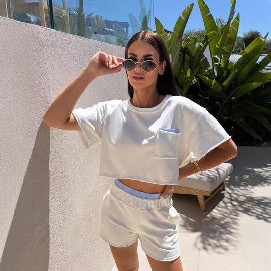 Womens Casual Color-Block Crew-Neck Short-Sleeve Shorts Set