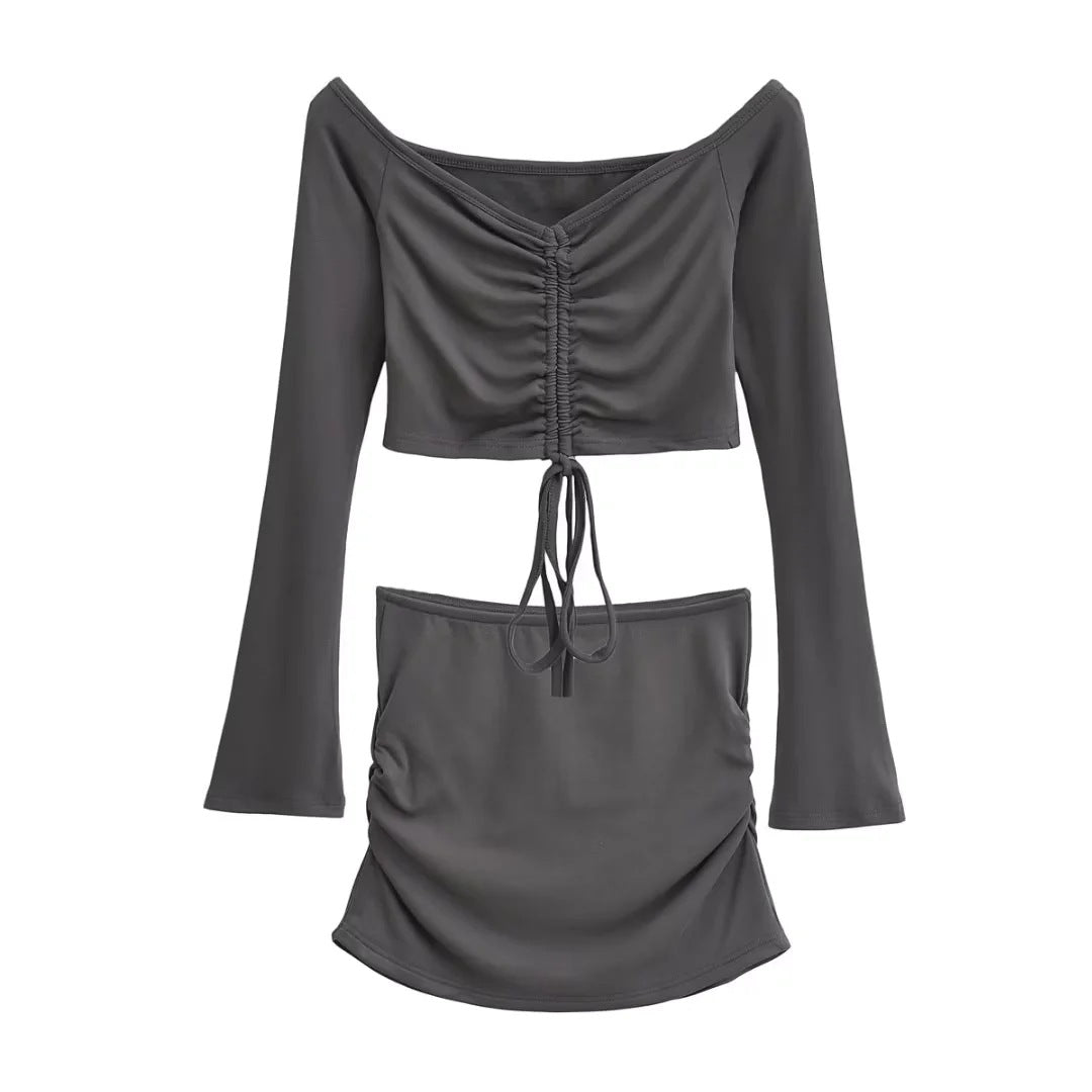 Solid-color Drawstring Pleated Wrap Skirt And Top Set For Women