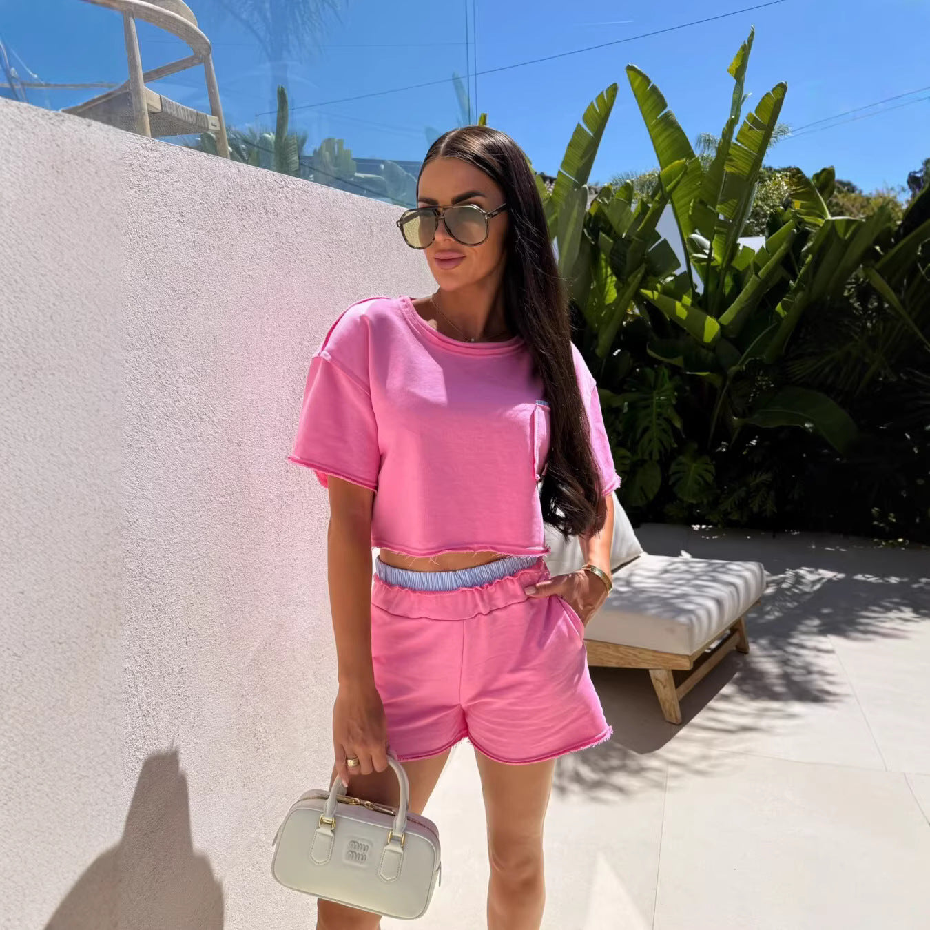 Womens Casual Color-Block Crew-Neck Short-Sleeve Shorts Set