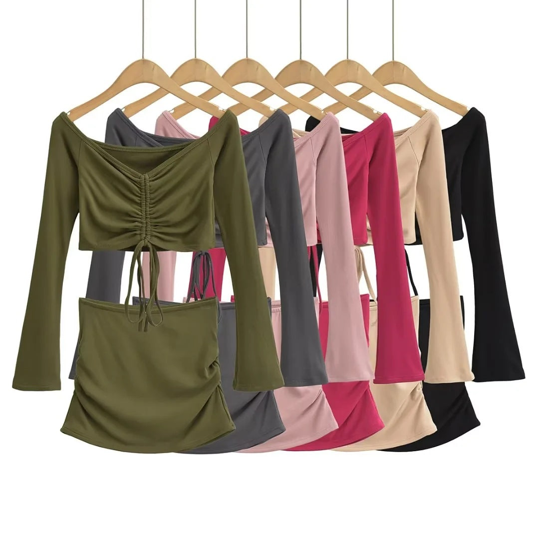 Solid-color Drawstring Pleated Wrap Skirt And Top Set For Women