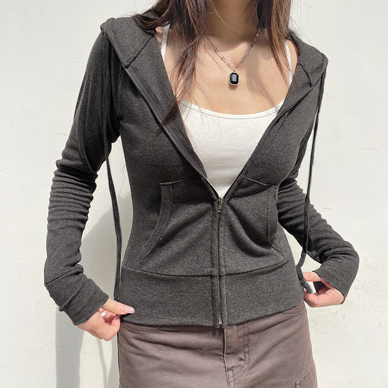 Womens Solid-Color Ribbed Hoodie With Zippered Pockets And Panelled Design
