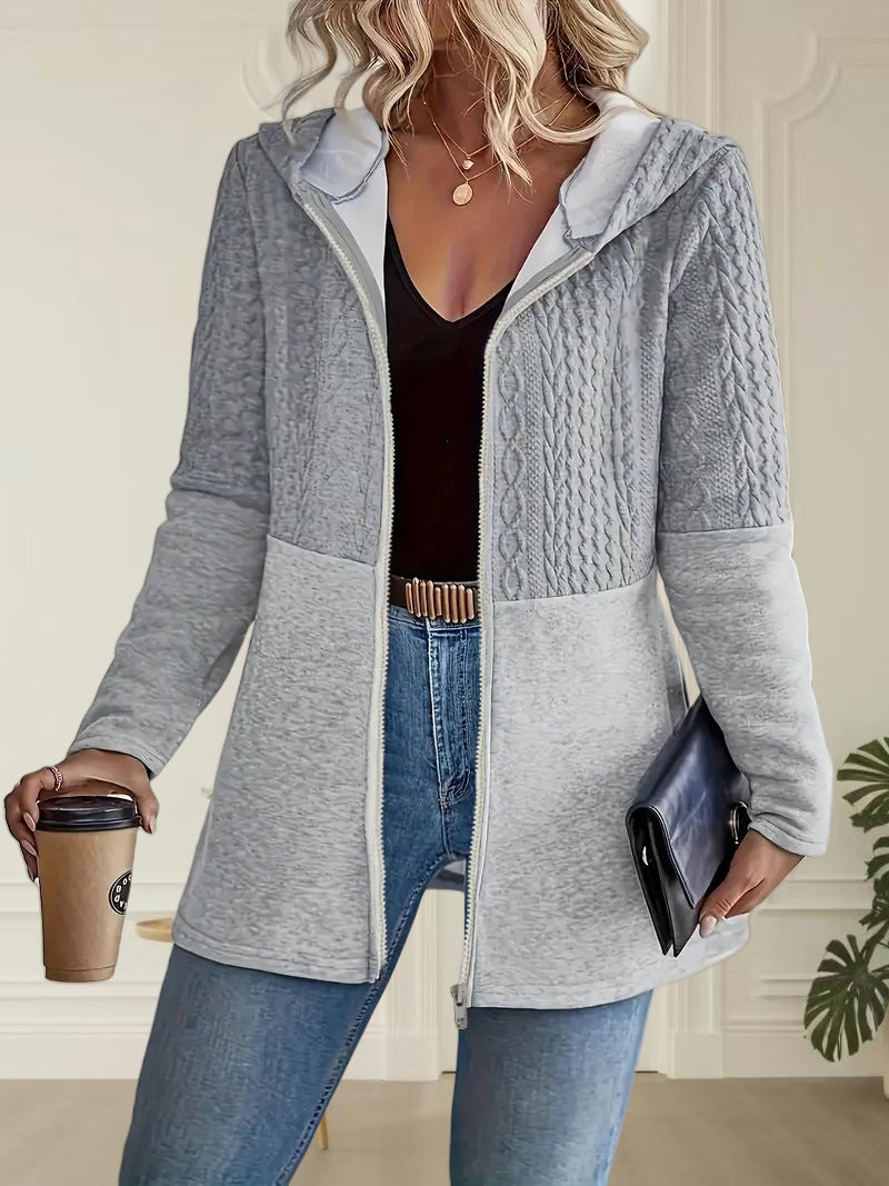 Womens AutumnWinter Solid-Color Ripple-Panel Casual Loose Hooded Jacket Coat