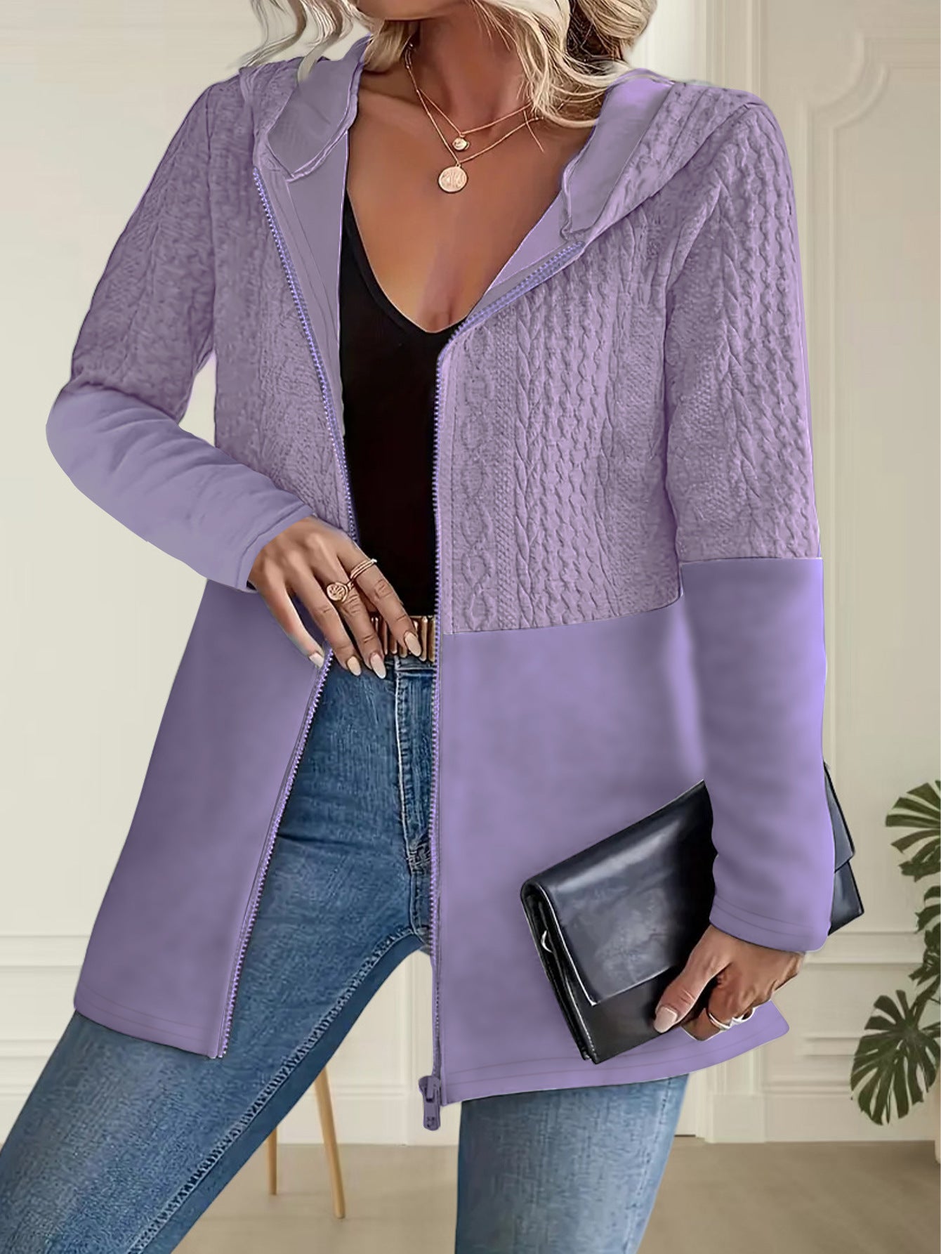 Womens AutumnWinter Solid-Color Ripple-Panel Casual Loose Hooded Jacket Coat