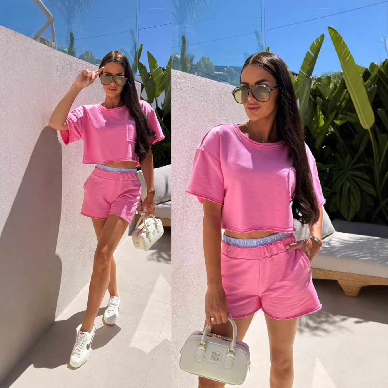 Womens Casual Color-Block Crew-Neck Short-Sleeve Shorts Set