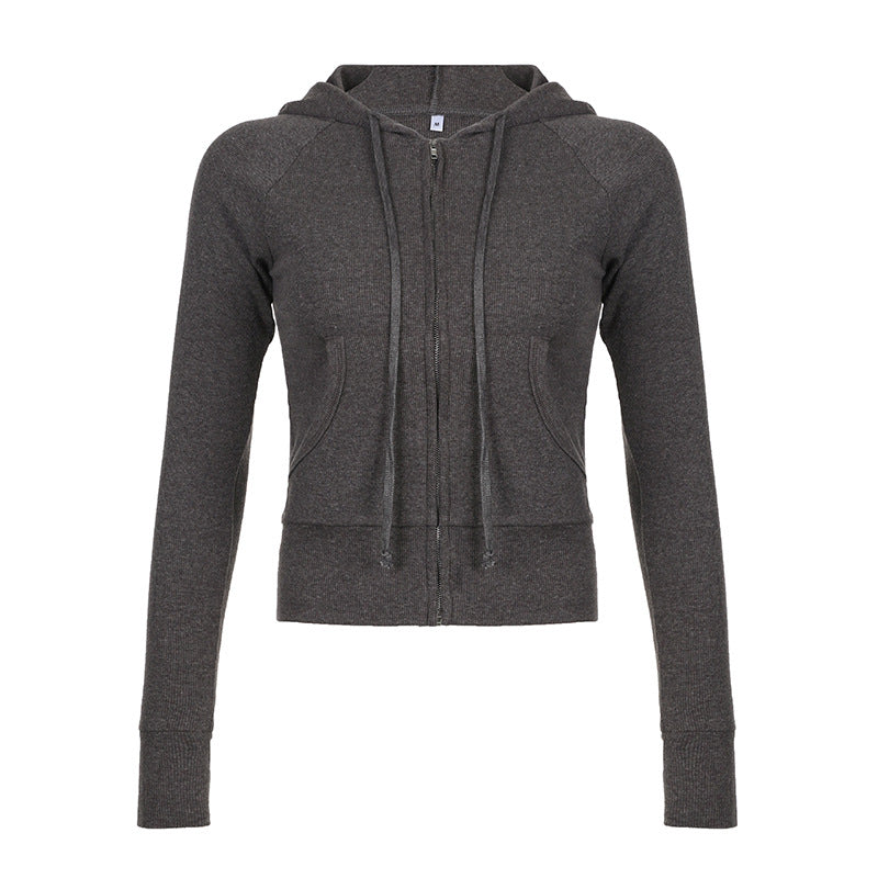 Womens Solid-Color Ribbed Hoodie With Zippered Pockets And Panelled Design