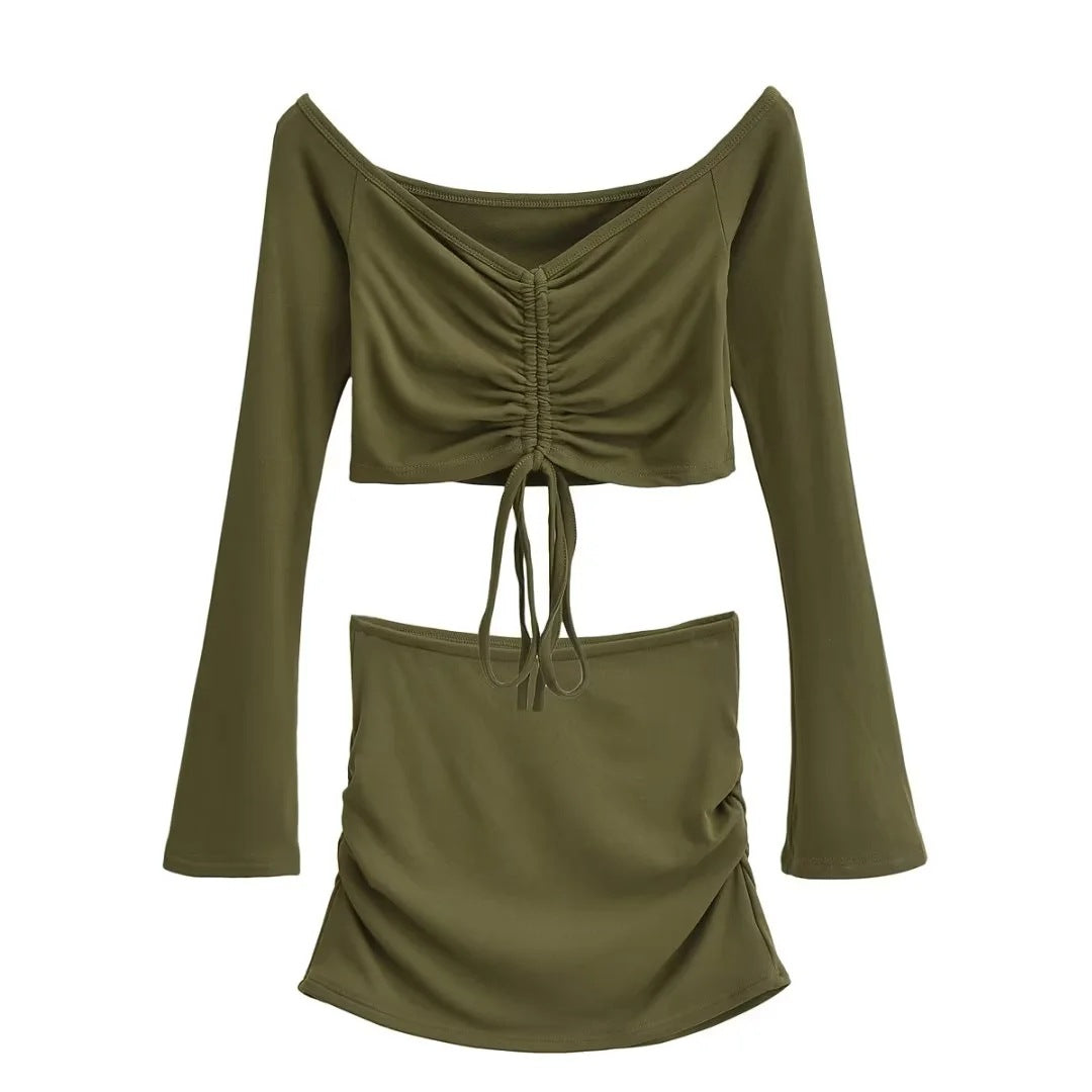 Solid-color Drawstring Pleated Wrap Skirt And Top Set For Women