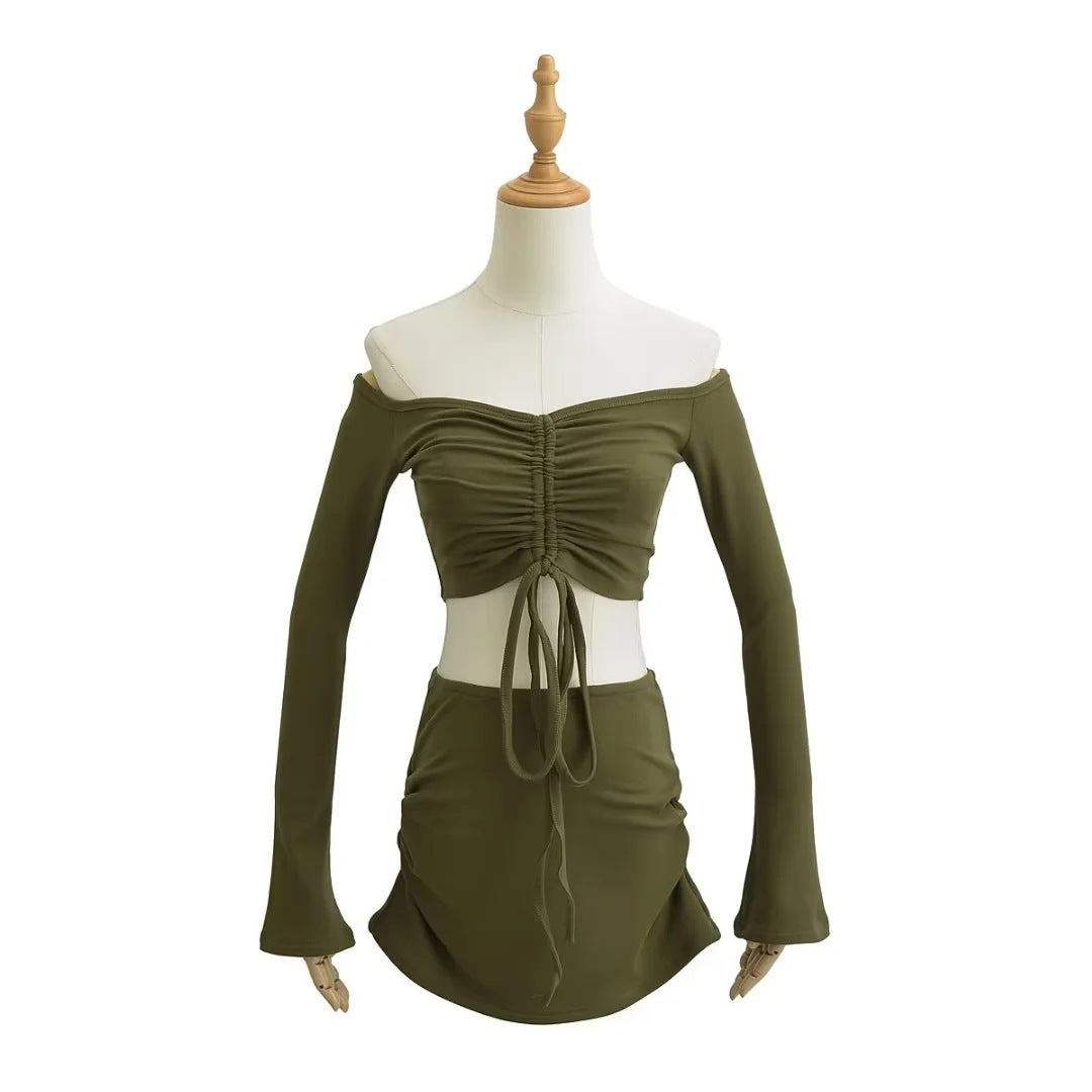 Solid-color Drawstring Pleated Wrap Skirt And Top Set For Women