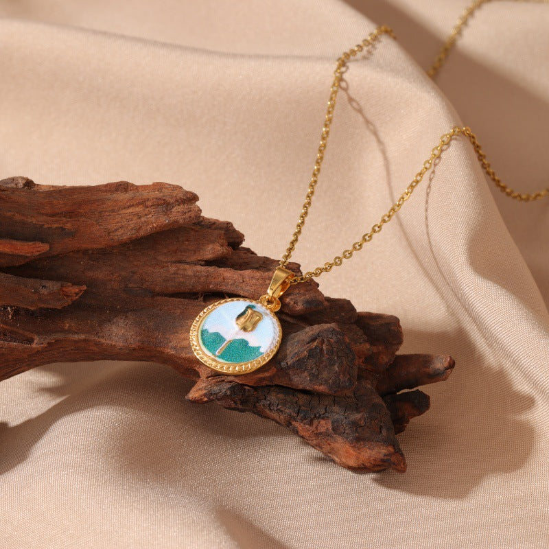 French Rose Round Disc Minimalist Luxury Necklace