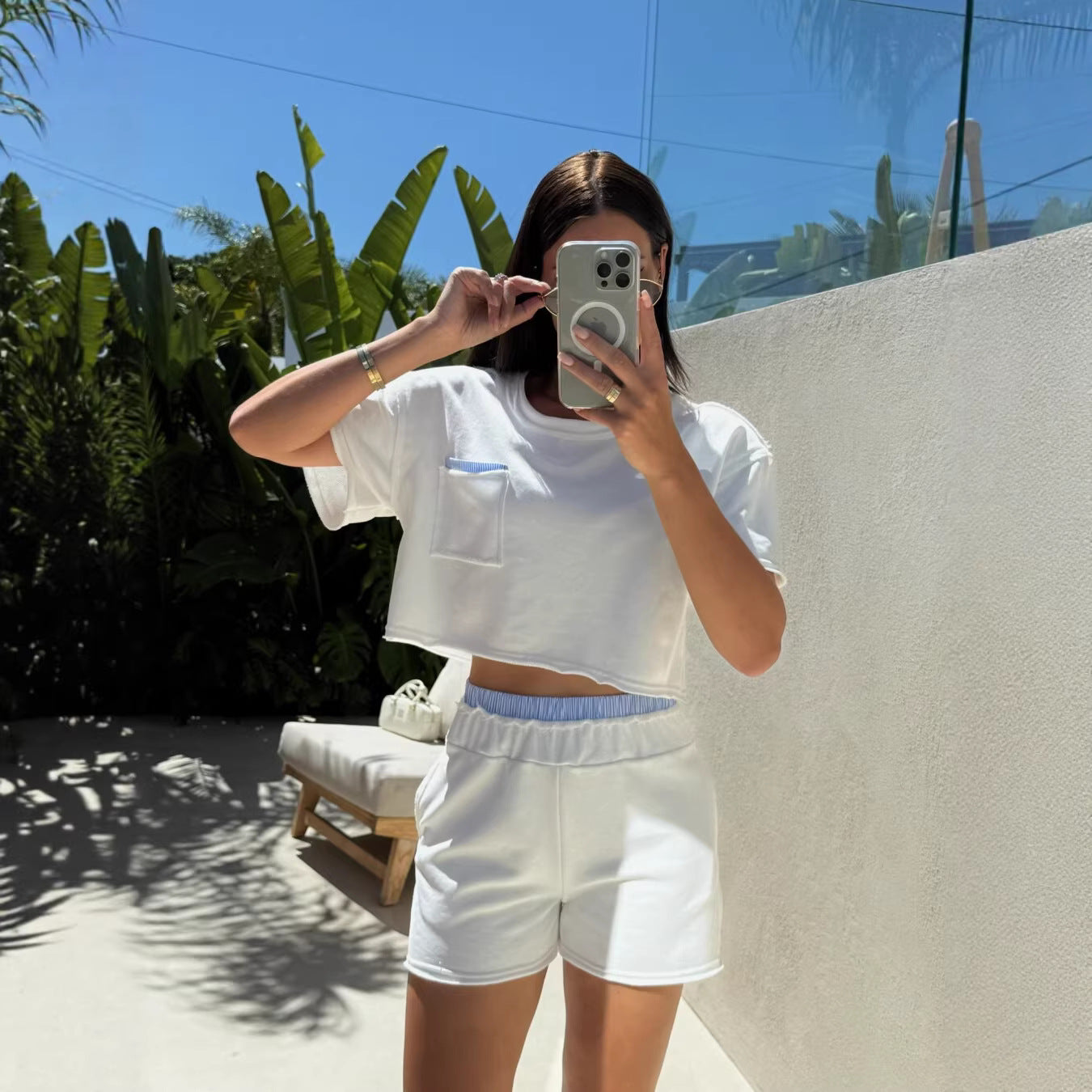 Womens Casual Color-Block Crew-Neck Short-Sleeve Shorts Set