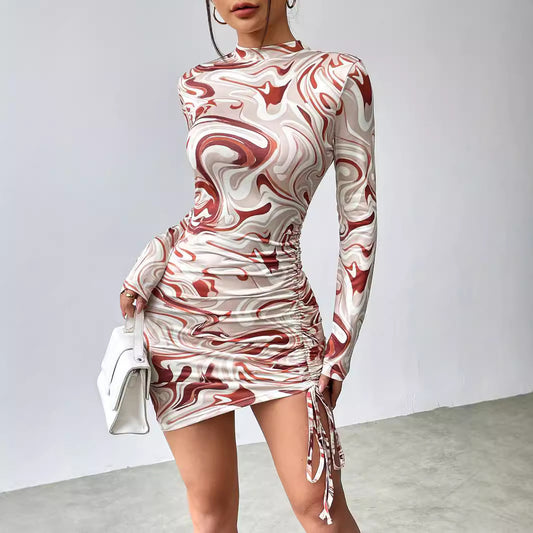 Drawstring Pleated Abstract-print Crew-neck Sexy Long-sleeve Dress