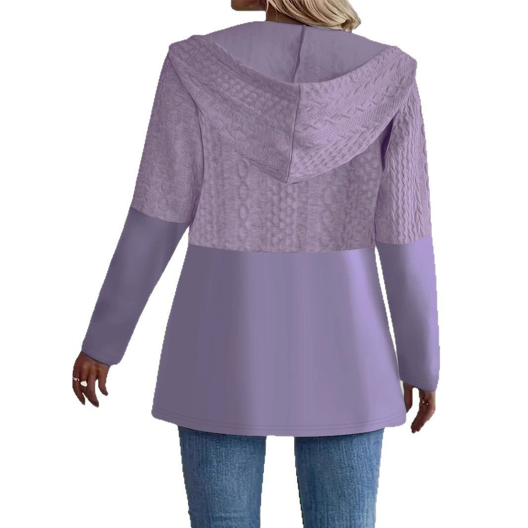Womens AutumnWinter Solid-Color Ripple-Panel Casual Loose Hooded Jacket Coat