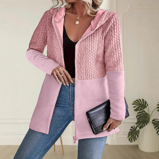 Womens AutumnWinter Solid-Color Ripple-Panel Casual Loose Hooded Jacket Coat